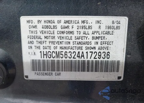 2004 Honda Accord 2.4 Lx from USA, damaged, VIN 1HGCM56324A172936